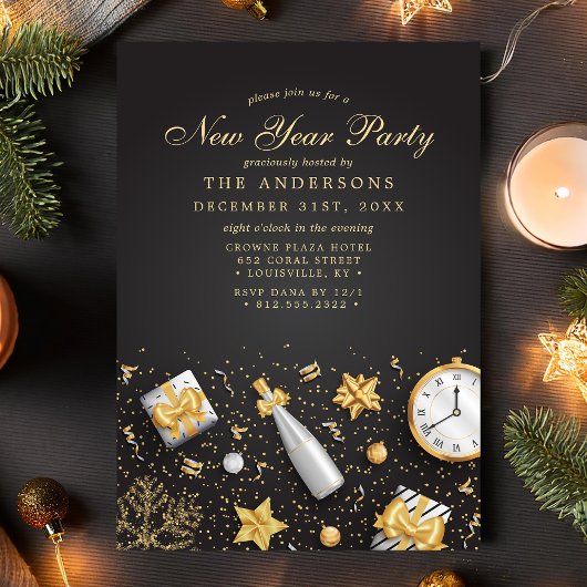 Nieuwejaarsfeest Champagne Confetti Goud Zwart Kaart