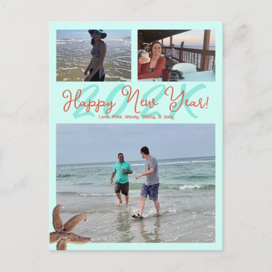 Nieuwejaarskaart met strandthema en gedateerde fot feestdagenkaart (Voorkant)