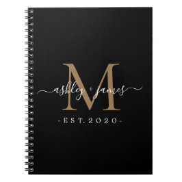 Nieuwgehuwd Mr Mrs Monogram Jaar Goud Zwart Notitieboek