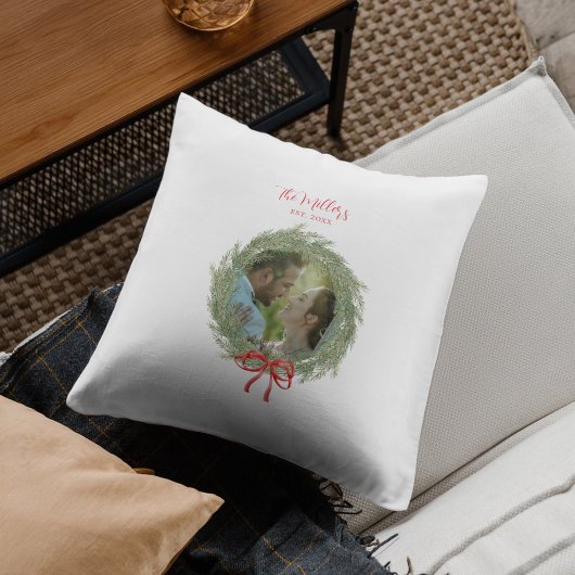 Nieuwgetrouwd Kerstdisfoto Dennengroen krans Kussen