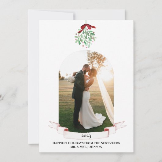 Nieuwgetrouwd Waterverf Mistletoe Foto Vakantiekaa Feestdagenkaart (Voorkant)