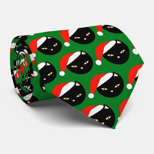 Nieuwigheid Santa Cat Pattern Donker Groen Kerstmi Stropdas (Opgerold)