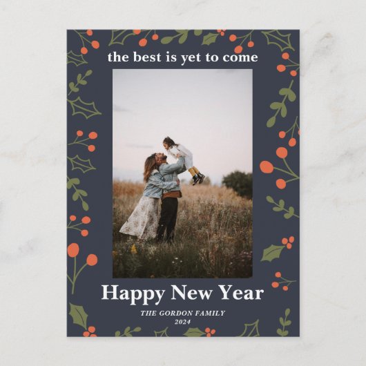 Nieuwjaar 1 Foto Botanische Holiday Holly Modern Feestdagenkaart (Voorkant)