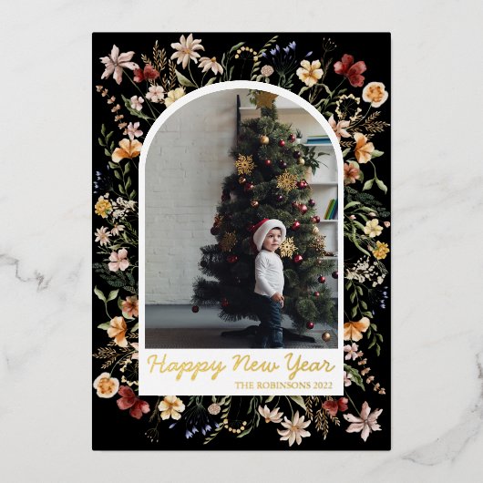 Nieuwjaar 1 Foto Waterverf botanische flora Folie Feestdagenkaart (Voorkant)