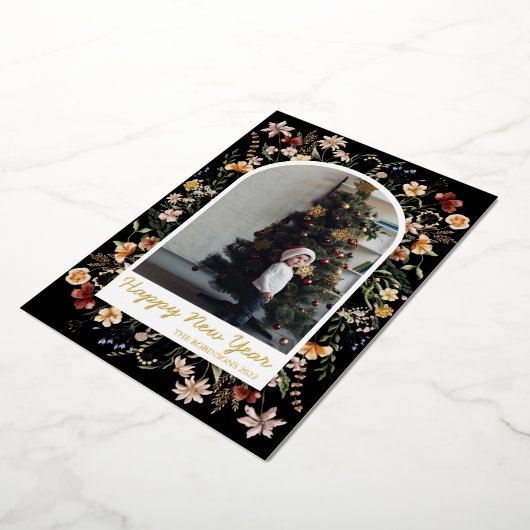 Nieuwjaar 1 Foto Waterverf botanische flora Folie Feestdagenkaart (Gedraaid)