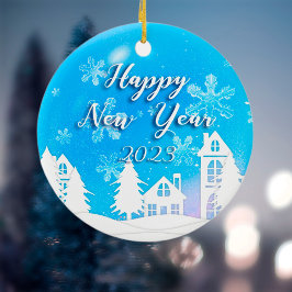 Nieuwjaar 2023 Blauwe Witte Huis Snow Keramisch Ornament