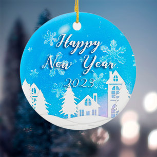 Nieuwjaar 2023 Blauwe Witte Huis Snow Keramisch Ornament