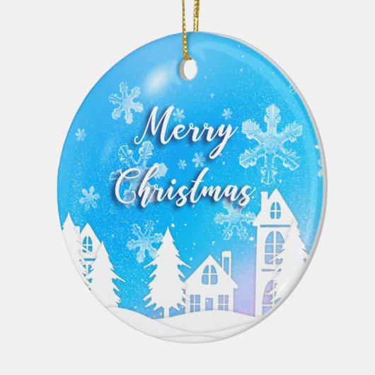 Nieuwjaar 2023 Blauwe Witte Huis Snow Keramisch Ornament (Links)