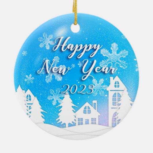 Nieuwjaar 2023 Blauwe Witte Huis Snow Keramisch Ornament (Achterkant)