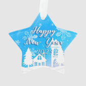 Nieuwjaar 2023 Blauwe Witte Huis Snow Ornament (achterkant)