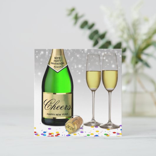 Nieuwjaar 2025 Mousserende wijn fles uitnodiging (Staand voorkant)