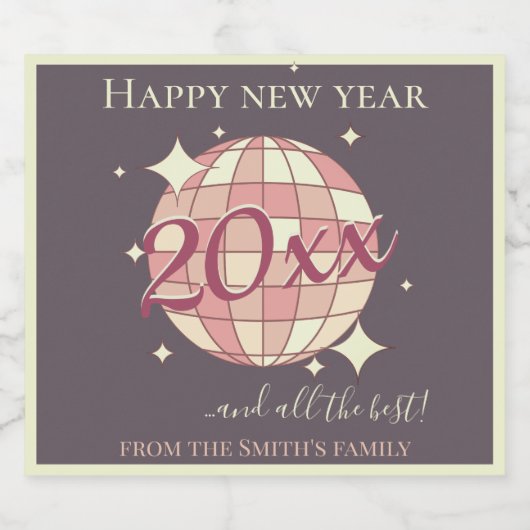 Nieuwjaar 2025 roze paarse retro party sparkling wijnetiket (Enkel label)