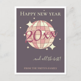 Nieuwjaar 2025 roze paarse retro wenskaart briefkaart