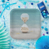 Nieuwjaar 2025 zandloper op het strand papieren bordje (Feest)