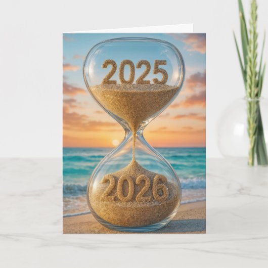 Nieuwjaar 2026 Beach Hourglass Feestdagen Kaart (Voorkant)