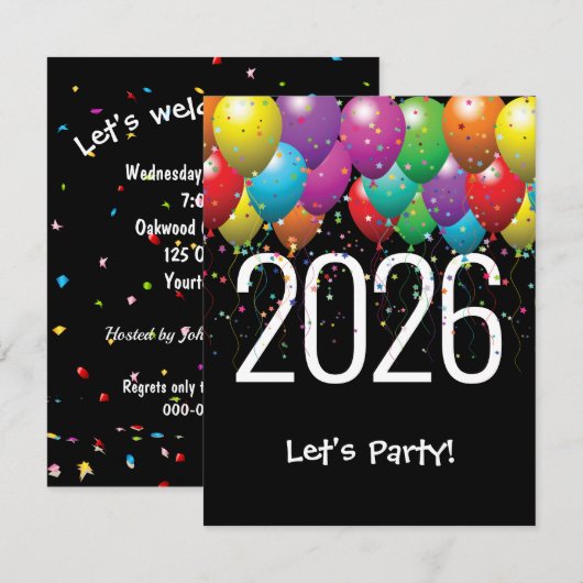 Nieuwjaar 2026 Feestballonnen Kaart (Voorkant / Achterkant)