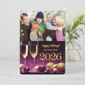 Nieuwjaar 2026 Paarse en gouden Champagne Foto Feestdagenkaart (Staand voorkant)