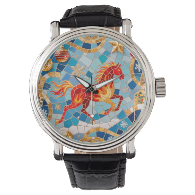Nieuwjaar 2026 Red Fiery Horse Kerstpatroon Horloge (Voorkant)