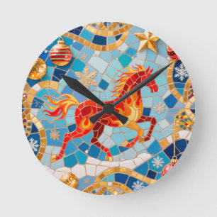 Nieuwjaar 2026 Red Fiery Horse Kerstpatroon Ronde Klok