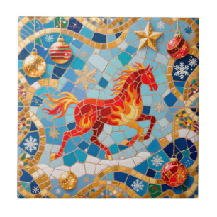 Nieuwjaar 2026 Red Fiery Horse Kerstpatroon Tegeltje