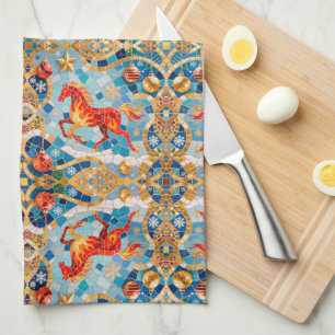 Nieuwjaar 2026 Red Fiery Horse Kerstpatroon Theedoek