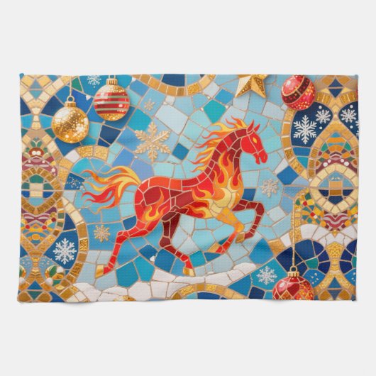 Nieuwjaar 2026 Red Fiery Horse Kerstpatroon Theedoek (Horizontaal)