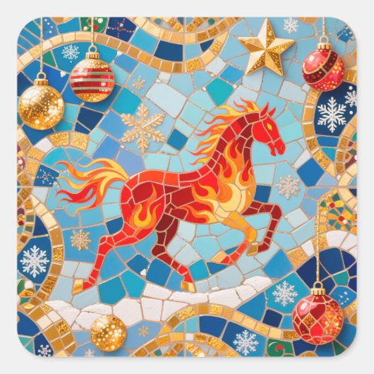 Nieuwjaar 2026 Red Fiery Horse Kerstpatroon Vierkante Sticker (Voorkant)