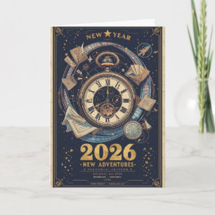 Nieuwjaar 2026 Tijdreizen Vintage Groet Kaart