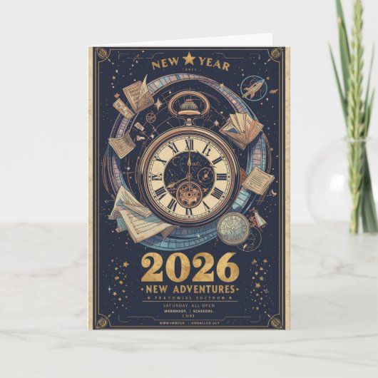 Nieuwjaar 2026 Tijdreizen Vintage Groet Kaart (Voorkant)