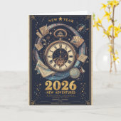 Nieuwjaar 2026 Tijdreizen Vintage Groet Kaart (Gele Bloem)