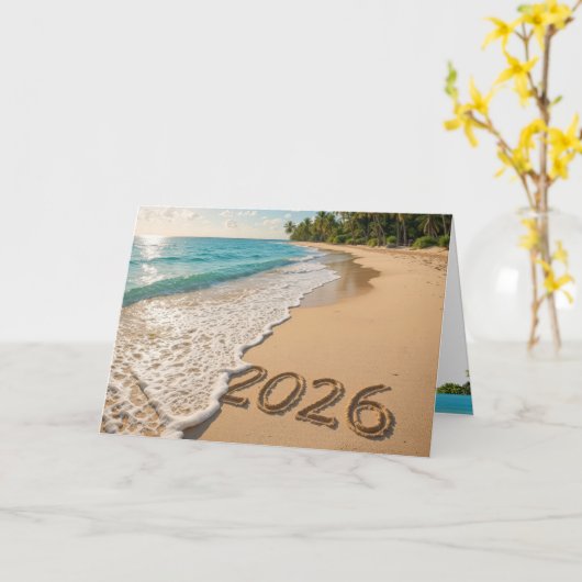 Nieuwjaar 2026 Tropical Beach Kaart (Gele Bloem)