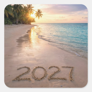 Nieuwjaar 2026 Tropical Beach Vierkante Sticker