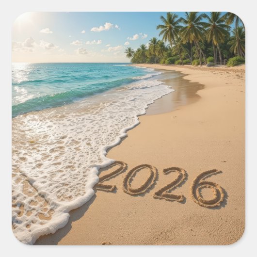 Nieuwjaar 2026 Tropical Beach Vierkante Sticker (Voorkant)