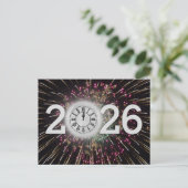 Nieuwjaar 2026 Vuurwerk en Maan Klok Briefkaart (Staand voorkant)