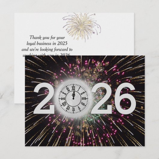 Nieuwjaar 2026 Vuurwerk en Maan Klok Briefkaart (Voorkant / Achterkant)