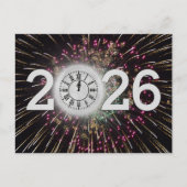 Nieuwjaar 2026 Vuurwerk en Maan Klok Briefkaart (Voorkant)