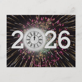 Nieuwjaar 2026 Vuurwerk en Maan Klok Briefkaart
