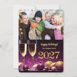 Nieuwjaar 2027 Paarse en Gouden Champagne Foto Feestdagenkaart