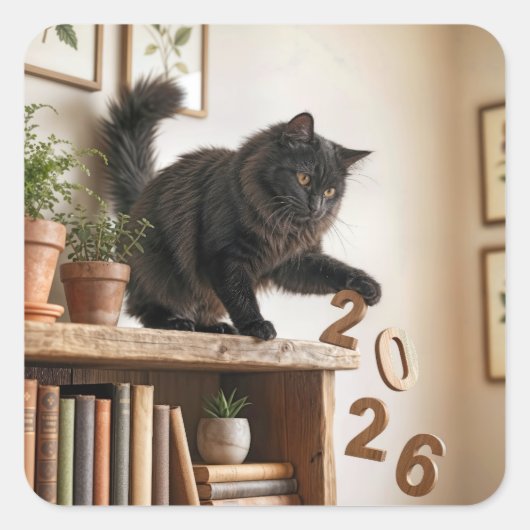 Nieuwjaar 2027 Speelse Kat Vierkante Sticker (Voorkant)