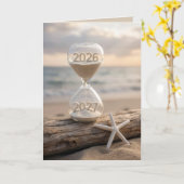 Nieuwjaar 2027 Strand Zandloper Kaart (Gele Bloem)