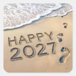 Nieuwjaar 2027 Strandvoetafdrukken Vierkante Sticker