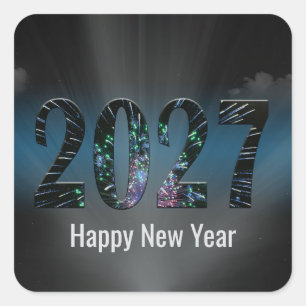 Nieuwjaar 2027 Vuurwerk met Wolken Vierkante Sticker