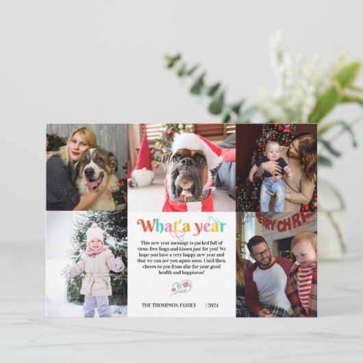 Nieuwjaar 5 Photo Collage Grid Gepersonaliseerde V Feestdagenkaart (Staand voorkant)