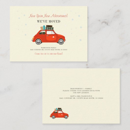 Nieuwjaar avonturen Nieuw adres Rode auto Notitiekaartje (Voorkant / Achterkant)