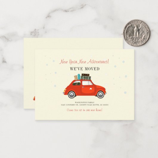 Nieuwjaar avonturen Nieuw adres Rode auto Notitiekaartje (Voorkant / Achterkant in situ)