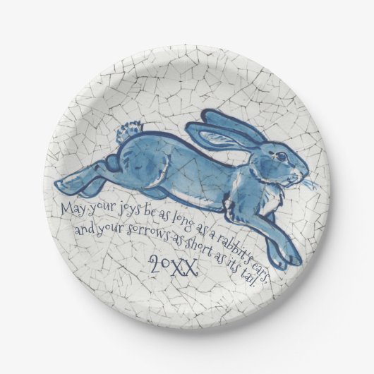 Nieuwjaar blauwe witte bunny Rabbit Delft Dedham D Papieren Bordje (Voorkant)