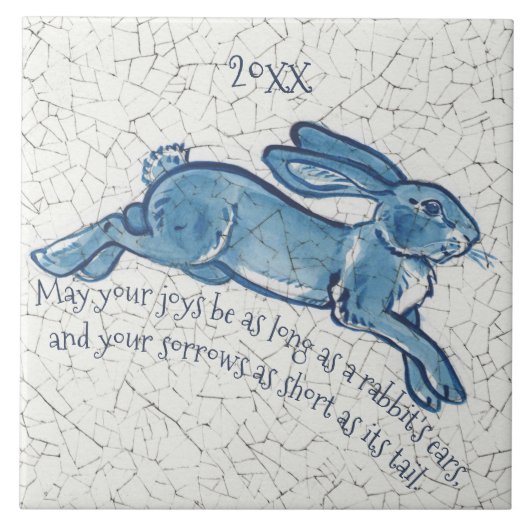 Nieuwjaar blauwe witte bunny Rabbit Delft Dedham D Tegeltje (Voorkant)