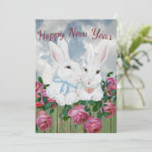 Nieuwjaar Bunny Rabbit Pink Rose Inspirerend Schat Feestdagenkaart (Staand voorkant)