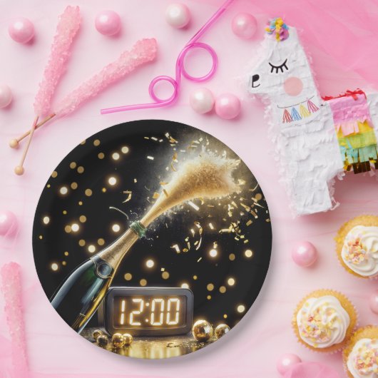 Nieuwjaar champagne met middernachtklok papieren bordje (Feest)