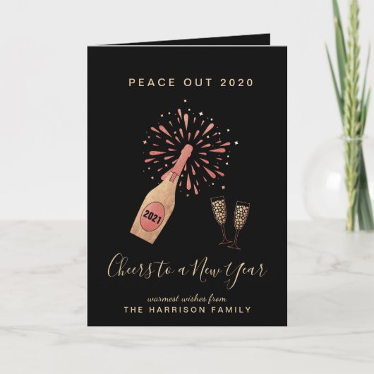 Nieuwjaar Champagne Peace Out 2020 Gold Black Feestdagen Kaart (Voorkant)
